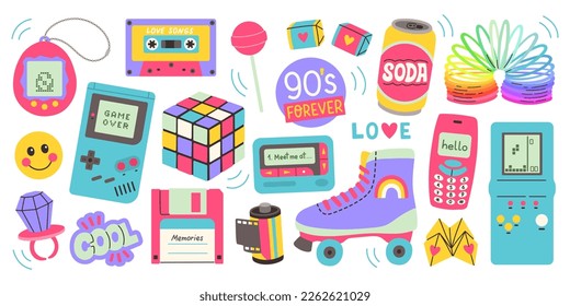 Classic 80s 90s elements in modern style flat, line style. Hand drawn y2k vector illustration. Fashion patch, badge, emblem.