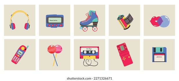 Classic 80s 90s elements in modern style, flat, line style. Hand drawn vector illustration: lollipops, lips, headphones, roller skates, cassette, phone, block stacking video game, pager. Fashion patch