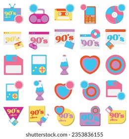 Classic 80s 90s elements in modern style flat, line style. Hand drawn vector illustration: jacket, cube, lips, headphones, roller skate, cassette, recorder, camera roll. Fashion patch, badge, emblem.