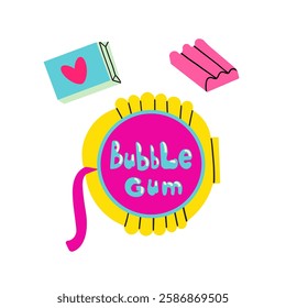 Classic 80s 90s elements in modern flat style. Hand drawn vector illustration. bubble gum emblem. Vector illustration.