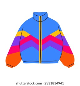 La chaqueta clásica de los años 90 con estilo moderno y plano. Vector dibujado a mano. Parche de moda, insignia, emblema.