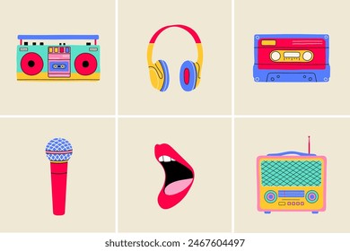 Classic 80s 90s music elements in flat line style. Hand drawn vector illustration: recorder, boom box, cassette, headphones, microphone, open singing mouth, radio. 
