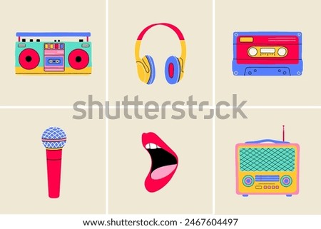 Classic 80s 90s music elements in flat line style. Hand drawn vector illustration: recorder, boom box, cassette, headphones, microphone, open singing mouth, radio. 
