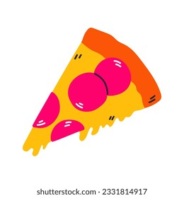 pizza pepperoni clásica de los años 80 en estilo moderno, plano, estilo línea. Vector dibujado a mano. Parche de moda, insignia, emblema.