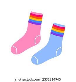 Classic 80s 90s socks blue and pink in modern style flat, line style. Hand drawn vector. Fashion patch, badge, emblem.