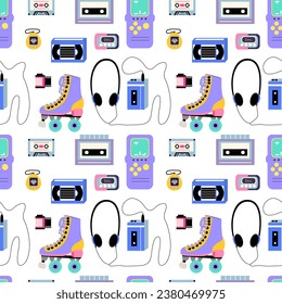 Classic 80s and 90s vector seamless pattern in flat style. Retro 90s elements pattern