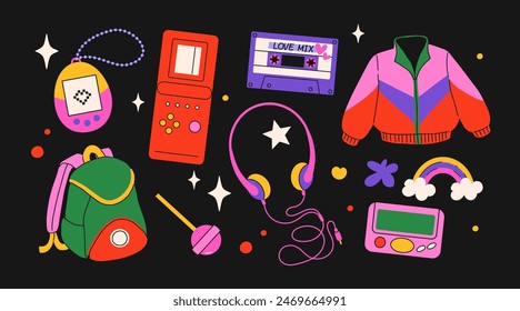 Classic 80s back to 90s elements in modern flat style. Hand drawn sticker set, vector illustration. Fashion patch, badge, emblem with vintage accessories.