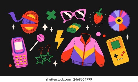 Classic 80s back to 90s elements in modern flat style. Hand drawn sticker set, vector illustration. Fashion patch, badge, emblem with vintage accessories.