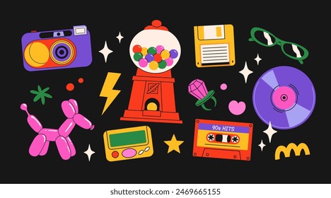 Classic 80s back to 90s elements in modern flat style. Hand drawn sticker set, vector illustration. Fashion patch, badge, emblem with vintage accessories.