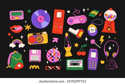 Classic 80s back to 90s elements in modern flat style. Hand drawn sticker set, vector illustration. Fashion patch, badge, emblem with vintage accessories.