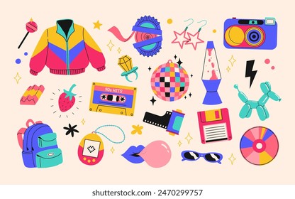 Classic 80s back to 90s elements in modern flat style. Hand drawn sticker set, vector illustration. Fashion patch, badge, emblem with vintage accessories.