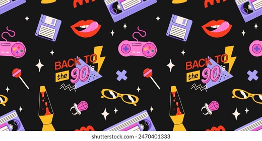 Classic 80s back to 90s elements in modern flat style. Hand drawn sticker set, vector seamless pattern. Fashion patch, badge, emblem with vintage accessories.