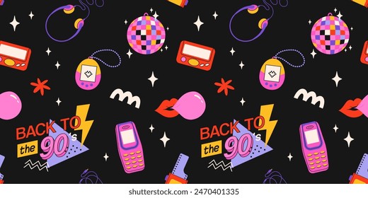 Classic 80s back to 90s elements in modern flat style. Hand drawn sticker set, vector seamless pattern. Fashion patch, badge, emblem with vintage accessories.