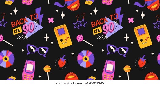 Classic 80s back to 90s elements in modern flat style. Hand drawn sticker set, vector seamless pattern. Fashion patch, badge, emblem with vintage accessories.