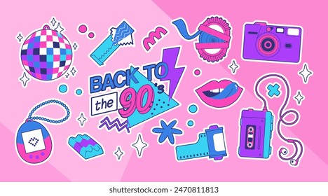 Classic 80s back to 90s elements in modern flat style. Hand drawn sticker set, vector illustration. Fashion patch, badge, emblem with vintage accessories.