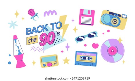 Classic 80s back to 90s elements in modern flat style. Hand drawn sticker set, vector illustration. Fashion patch, badge, emblem with vintage accessories.
