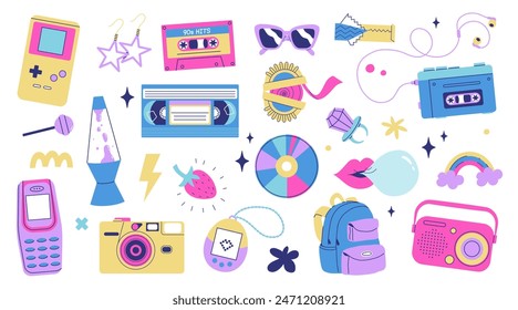 Classic 80s back to 90s elements in modern flat style. Hand drawn sticker set, vector illustration. Fashion patch, badge, emblem with vintage accessories.