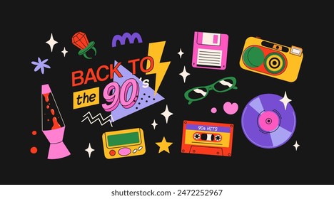 Classic 80s back to 90s elements in modern flat style. Hand drawn sticker set, vector illustration. Fashion patch, badge, emblem with vintage accessories.