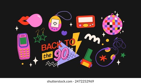 Classic 80s back to 90s elements in modern flat style. Hand drawn sticker set, vector illustration. Fashion patch, badge, emblem with vintage accessories.