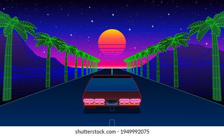 Classic 80s car ride on the road with palm trees, mountains and sunset. Retrowave or synthwave arcade game view with race to the sun. 1980s neon romantic landscape