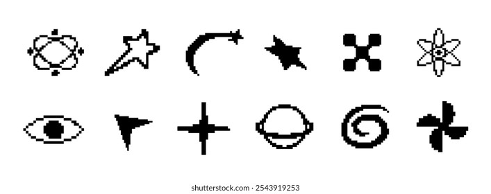 Os ícones clássicos de 80 anos e Y2K inspiram pixels em preto, com setas, ondas e partículas digitais, ideais para gráficos de computador e designs de interface.