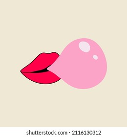 Classic 80s-90s element in modern style flat, line style. Hand drawn vector illustration of lips inflating chewing gum. Fashion patch, badge, emblem. 