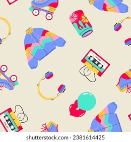 Classic 80s-90s elements in modern style flat, line style. Fashion seamless pattern.Hand drawn vector illustration.