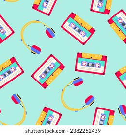 Classic 80s-90s elements in modern style flat, line style. Fashion seamless pattern.Hand drawn vector illustration.