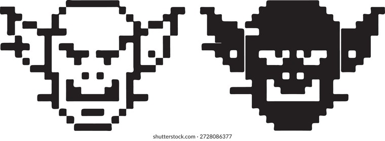 Classic 8-bit pixel art goblin face in contrasting outline and solid styles isolated on white background