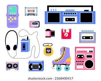 Classic 90s and 80s gadgets vector set. Flat style game console, audio cassette, recorder tape, floppy disk, vhs cassette, portable pet game and roller skate