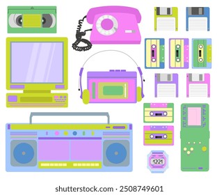 Classic 90s decorative elements in modern, flat, line style. Hand drawn vector illustration. Illustration for stickers, posters and cards.