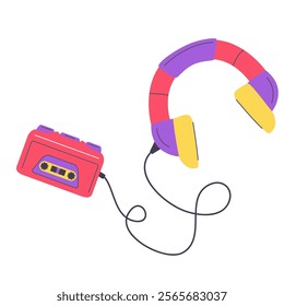 Classic 90s element.Classic 90s headphones.Retro music headphones.Isolated on white background.Vector flat illustration.Cassette audio player. Retro portable stereo radio cassette recorder.