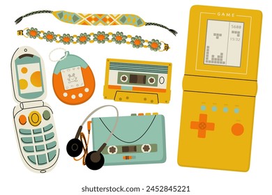 Classic 90s elements in a modern flat style. Children's toys and gadgets y2k. Stickers for teenagers. Vector illustration isolated on transparent background.