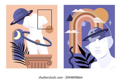 classic abstract sculpture vector. Roman boho column, greek statue and space.