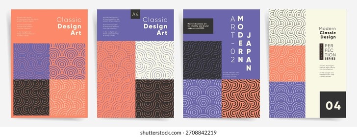 Classic abstract wave line poster set. Geometric Japanese pattern panels in coral, purple, black and cream. Modern vector cover templates.