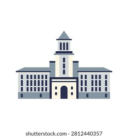 Classic academic building with central tower and symmetrical wings. Flat graphic of a symmetrical grey and cream building with a central clock tower and many windows. Ideal for educational websites or municipal city planning presentations.