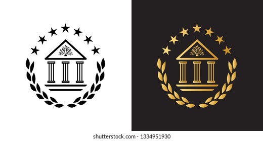 Classic academy building with columns and tree as a wisdom symbol on the top. Crest logo with laurel wreath and stars. Black and gold emblem design template for university, school, college