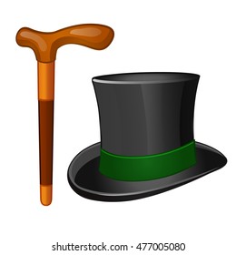 Classic accessories gentleman. Cylinder hat and walking stick isolated on white background. Vector illustration.