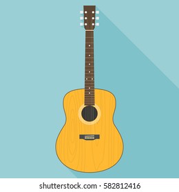 Classic acoustic guitar illustration vector in flat design with long shadow