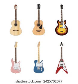 Classic, Acoustic, Semi Acoustic, and Electric Guitar Set Flat Design Vector