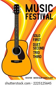 Clásico, guitarra acústica, flujo de líneas anaranjadas, afiche del festival, banner de los medios con las palabras Festival de la Música. Diseño digital de ilustraciones vectoriales.