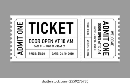 Classic Admit One Event Ticket with Detailed Layout. Gate, Row, and Seat Number Ticket Design