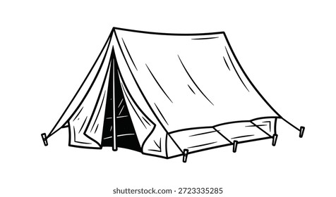 Tienda de campaña clásica con un marco en forma de A con una solapa de entrada abierta que muestra un interior oscuro representado en un simple dibujo lineal.