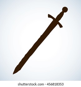 Classic aged iron gothic cutlass dirk tool isolated on white background. Black ink hand drawn picture sketchy pen on paper. Closeup view with space for text
