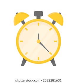 Classic alarm clock in cartoon style on a white isolated background. Golden antique alarm clock it's time to get up for work. A symbol that the time has come to do something.