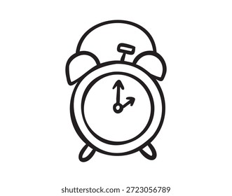 Despertador clásico para las primeras clases, línea de arte de la escuela doodle, contorno de contorno, monocromo, dibujado a mano. Ilustración vectorial.