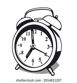 Classic alarm clock. High contrast black and white vector illustration  with shadow isolated on white background