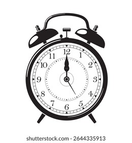 Clássico Alarme Ícone Relógio em Preto Mostrar 12 horas, ilustração vetorial isolado no fundo branco, eps