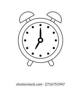 Ícone clássico do despertador isolado no fundo branco, símbolo de tempo simples e plano para chamada de despertar, alerta de lembrete, planejamento de agendamento e conceitos pontuais de rotina diária.