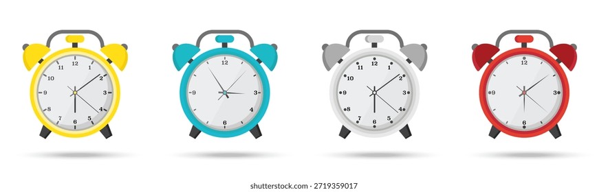 Ilustración de reloj de alarma clásico en múltiples variaciones de color brillante. Estilo plano simple con las campanas y las caras claras del reloj